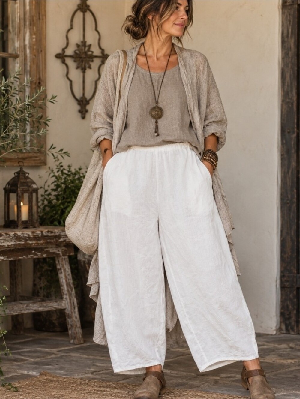 Flax White Relaxed Linen Wide Leg Elastic Waist Lagenlook Resortwear Pants M